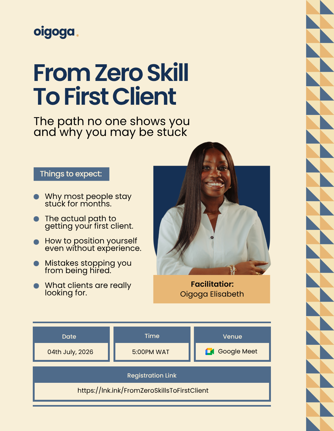 From Zero Skill to First Client workshop flyer, 4th July 2026, 5pm WAT on Google Meet